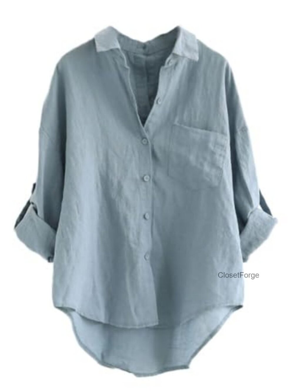 Women's Linen Cotton Long Sleeve Blouse Hi-Low Hem Button-Up Roll Tab